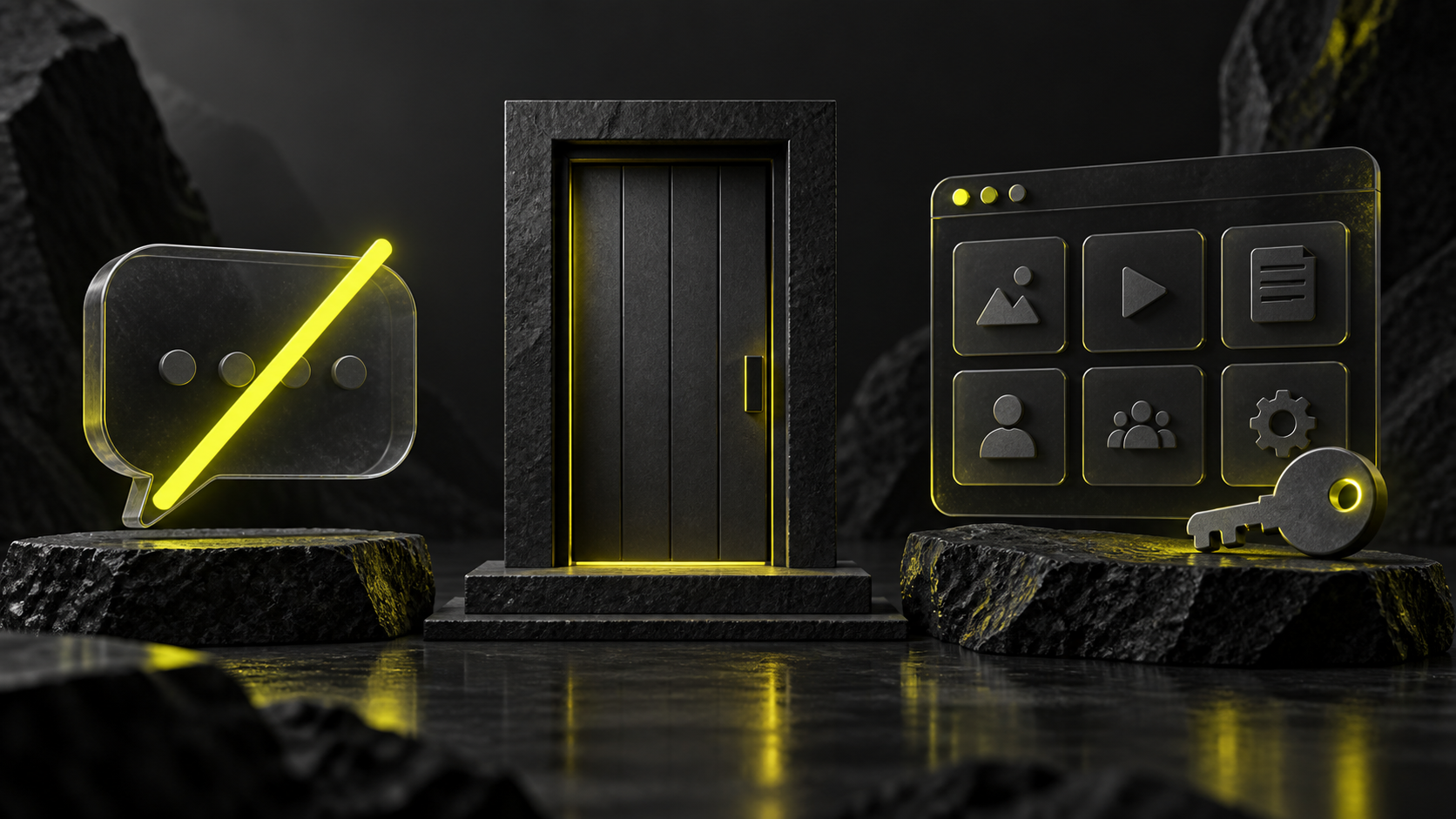 Chat rules illustrated as a silenced message, a room doorway and an account access key