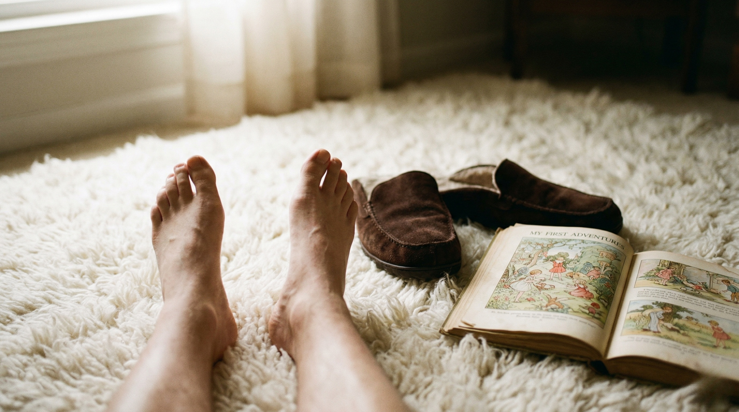 bare-feet-on-white-rug-near-large-slippers-and-book