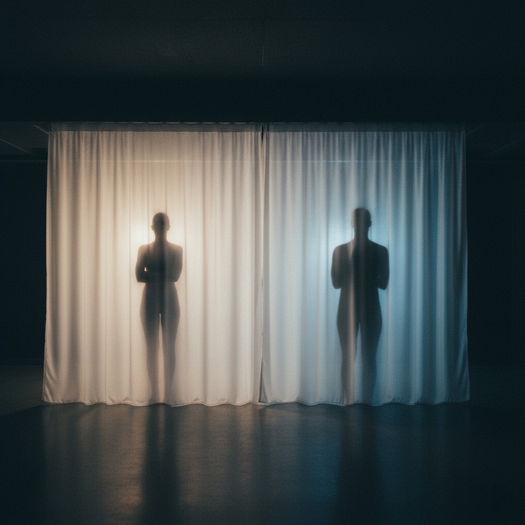 Sheer split curtain with a soft silhouette and a watcher in shadow symbolizing voyeurism and exhibitionism