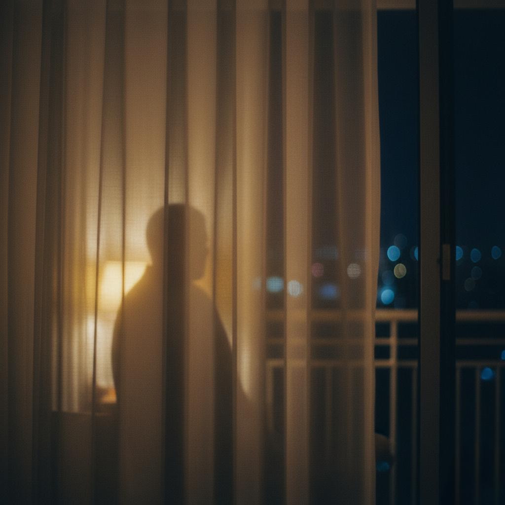 Soft silhouette behind a sheer curtain in warm evening light symbolizing the mirror effect of two roles in a private psychological space