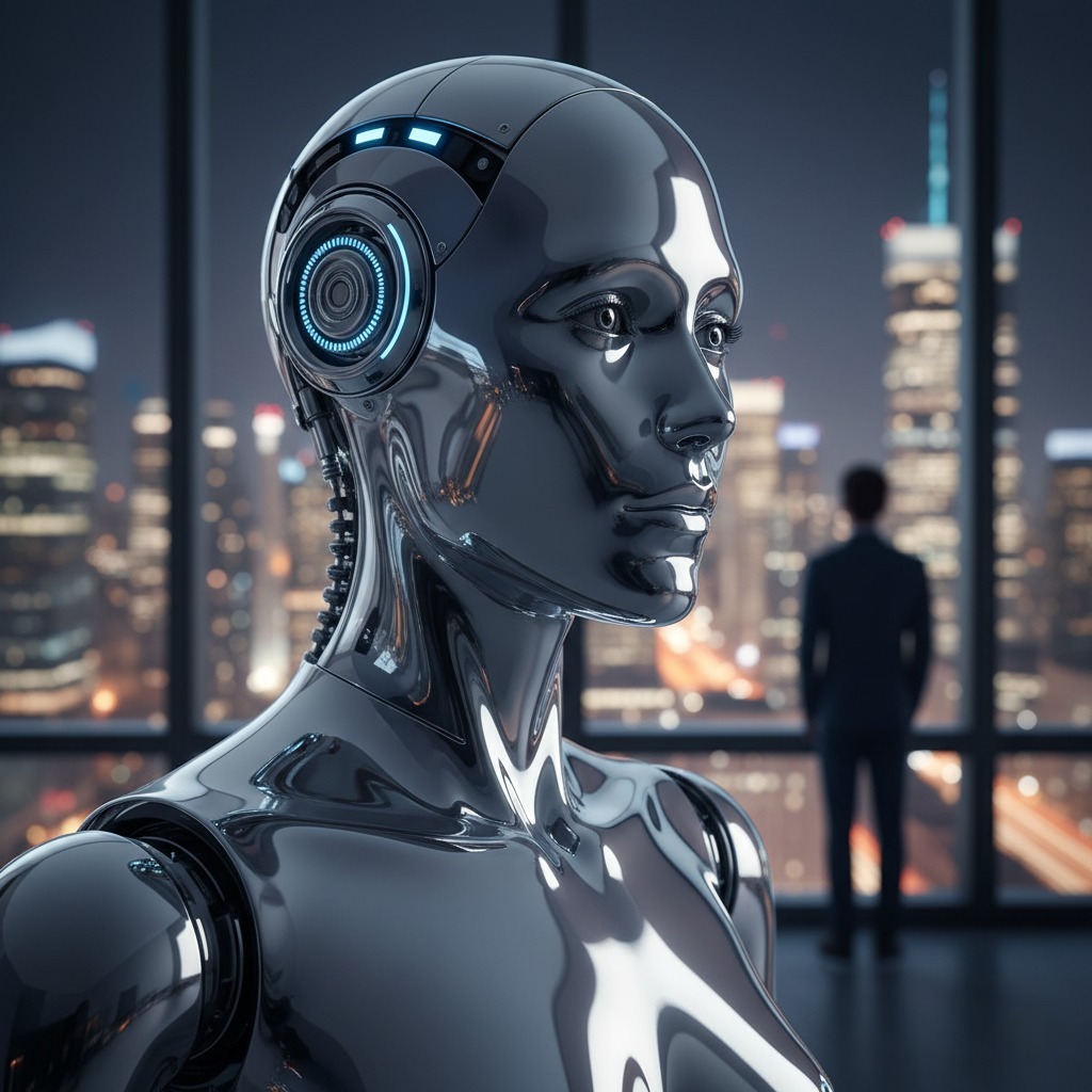 chrome-robot-face-city-silhouette