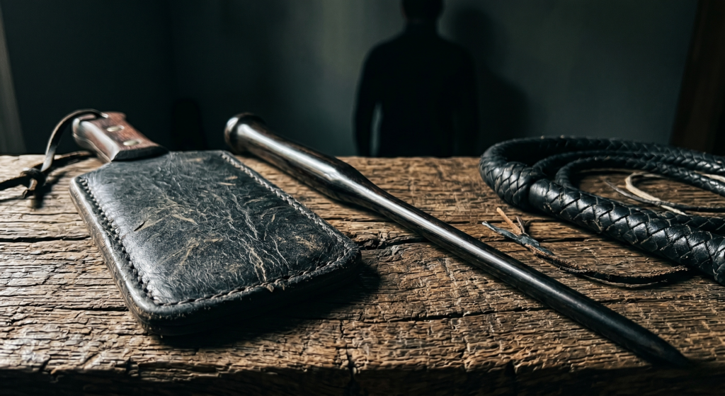 raw-iphone-ugc-photo-of-leather-paddle-and-whip-on-oak-table