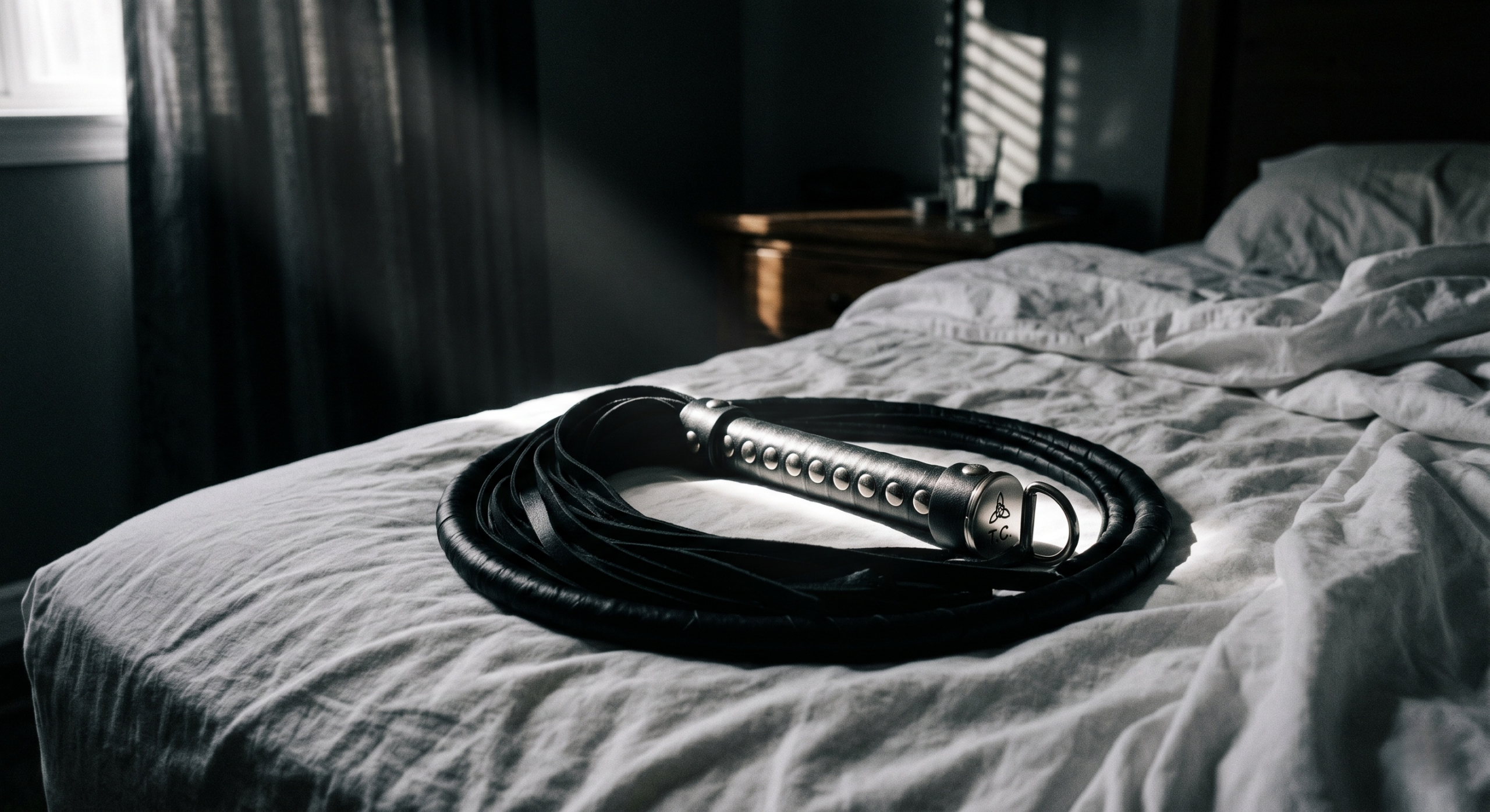 neo-noir-style-photo-of-black-leather-flogger-on-white-linen