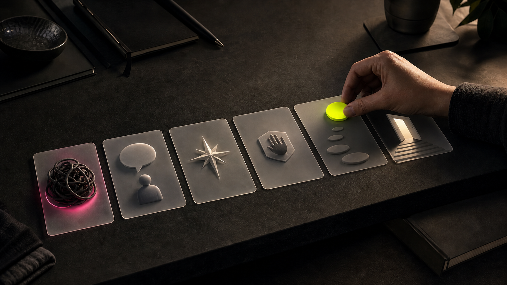 Hand moving an acid-lime marker across reflection cards on a dark desk