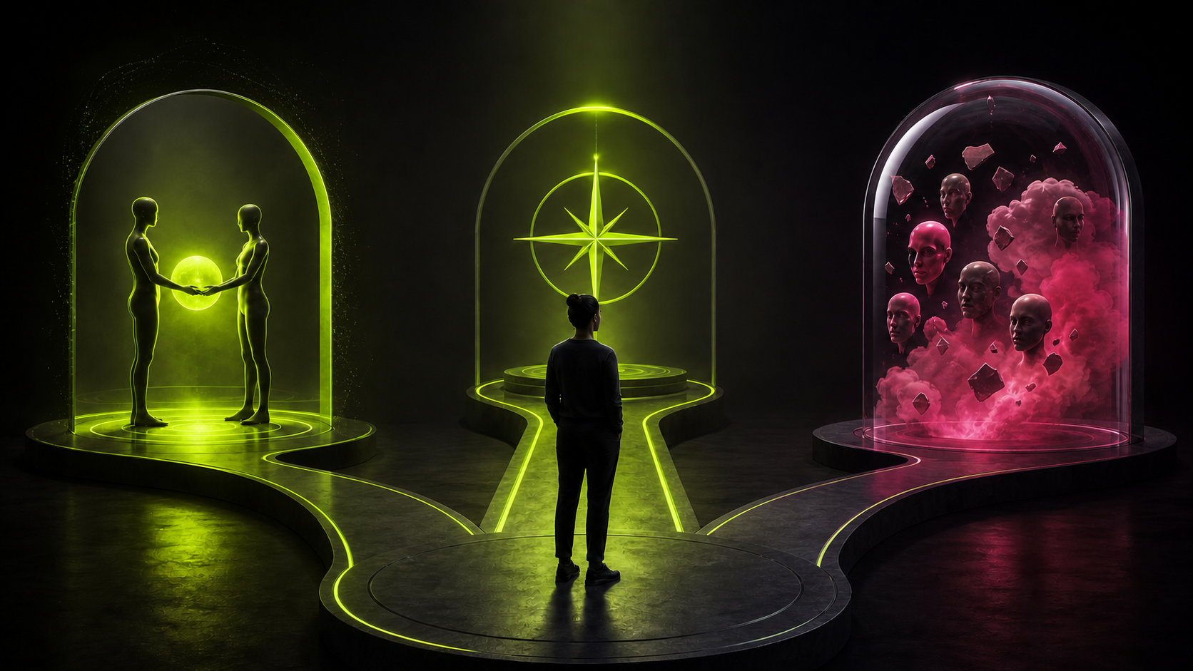 Adult facing three paths representing consent, chosen values and inherited messages