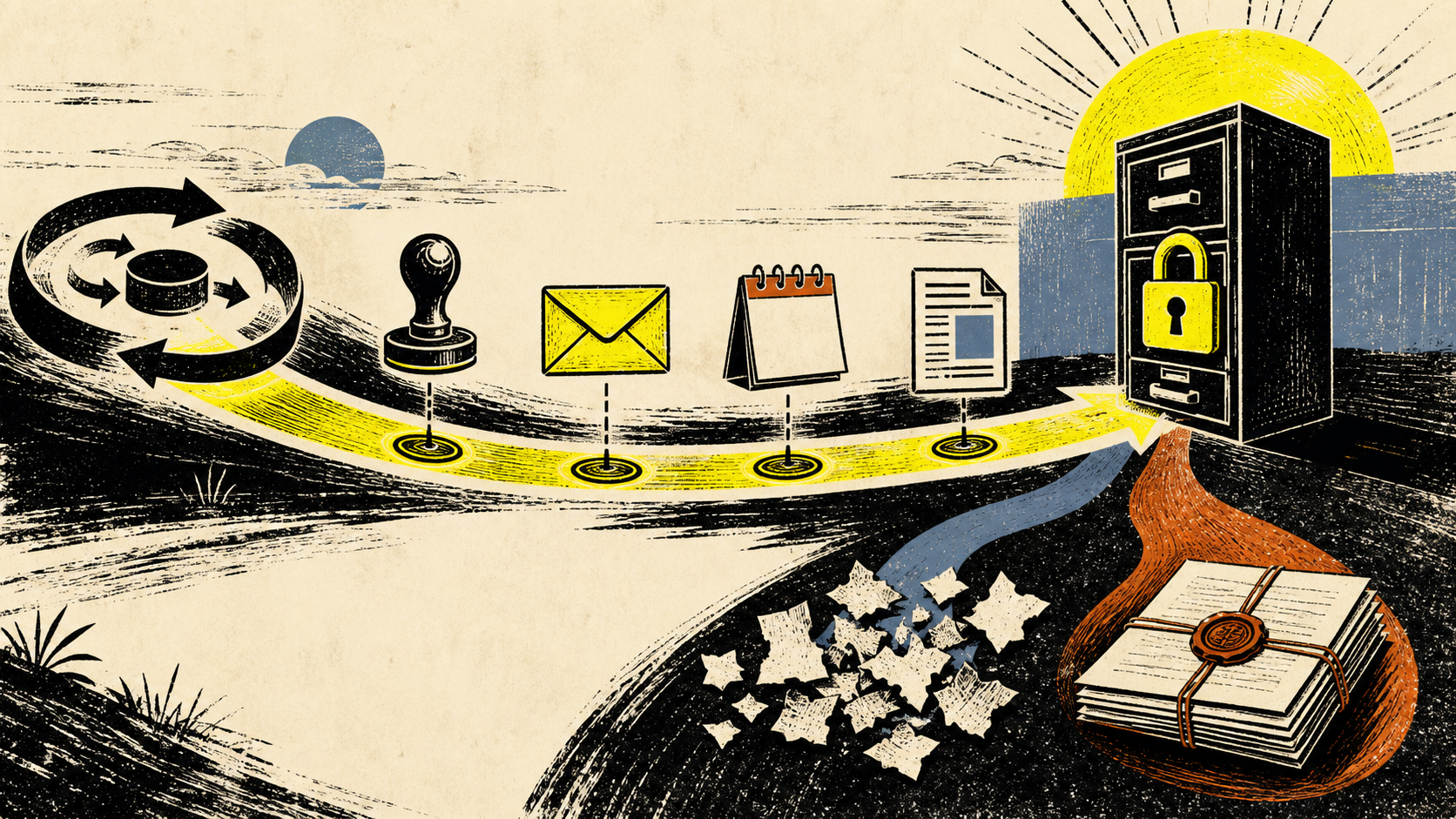 An illustrated evidence trail from recurring billing through dated confirmations to a protected archive
