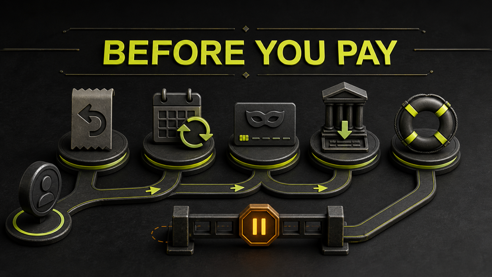 A purchase route passing refund, recurring billing, payment handling, official download and support stations, with a pause gate for missing terms