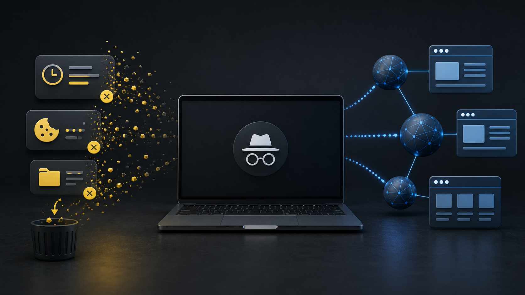 Incognito mode for adult sites diagram contrasting cleared browser data with website and network visibility