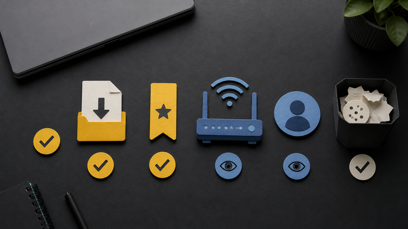 Checklist illustration of downloads, bookmarks, network and account visibility after private browsing