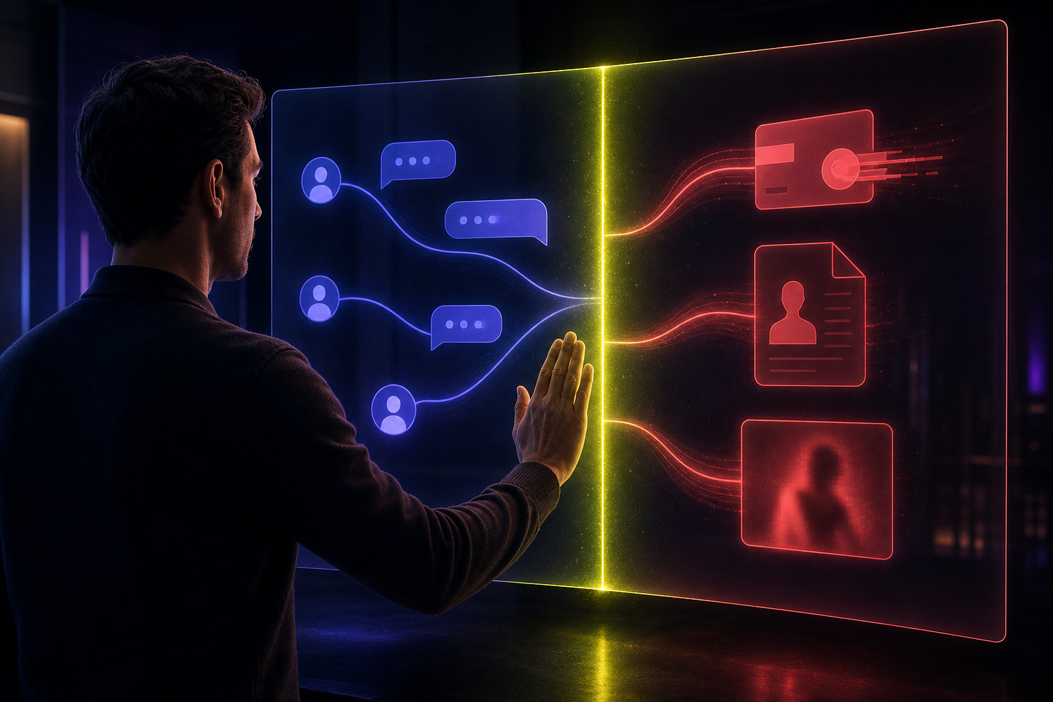 Adult user stopping an online conversation at a bright boundary before payment, identity and private-media requests