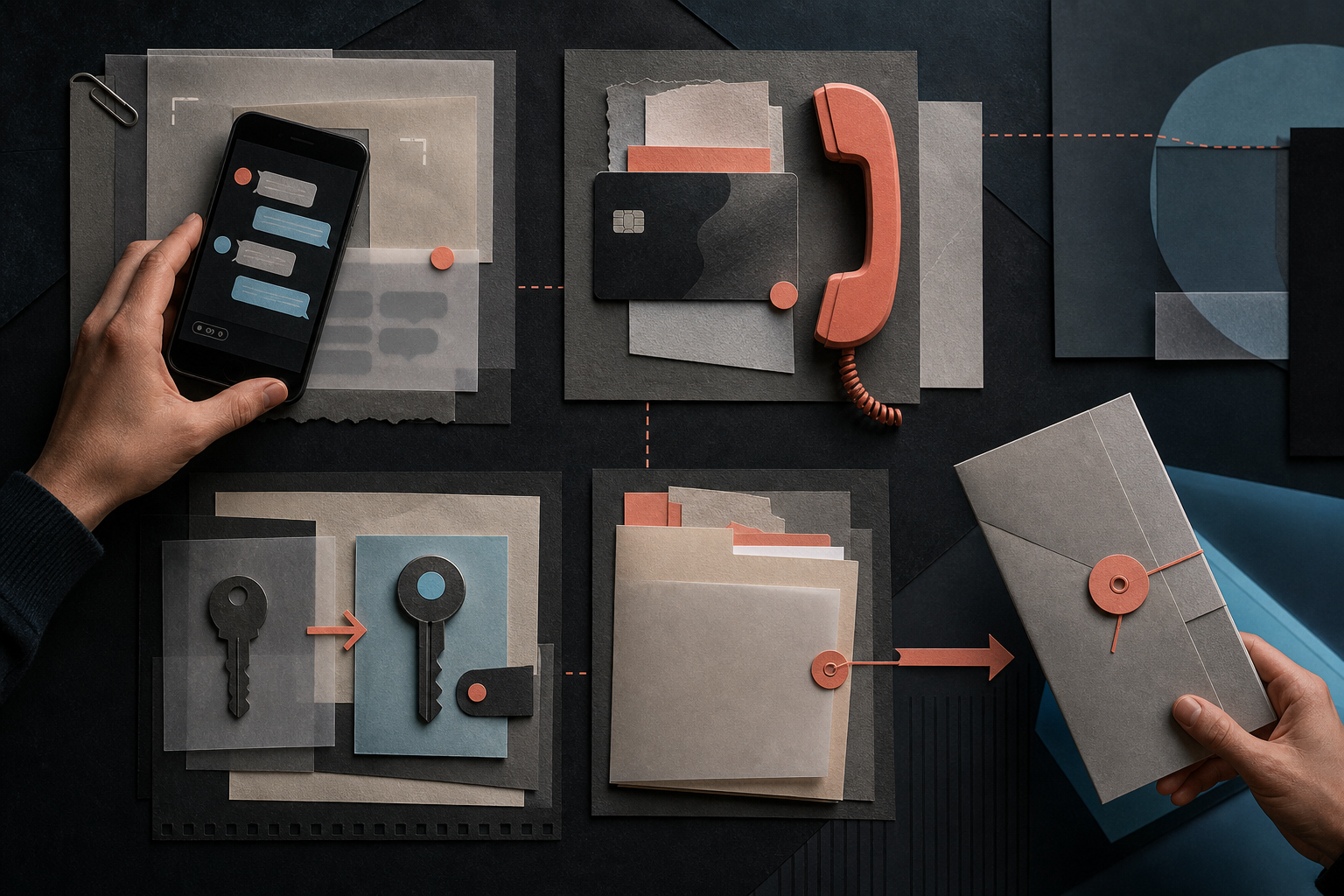 Editorial evidence desk showing four response actions: preserve messages, contact the card issuer, replace exposed credentials and submit a report